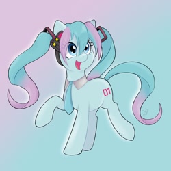 Size: 2048x2048 | Tagged: safe, artist:czscribbles, imported from derpibooru, kotobukiya, earth pony, pony, clothes, cute, eye clipping through hair, female, gradient background, hatsune miku, kotobukiya hatsune miku pony, mare, necktie, open mouth, ponified, raised hoof, smiling, solo, vocaloid