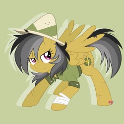 Size: 1857x1857 | Tagged: safe, artist:czscribbles, imported from derpibooru, daring do, pegasus, pony, bandage, clothes, female, green background, hat, mare, partially open wings, scratches, shirt, simple background, solo, wings