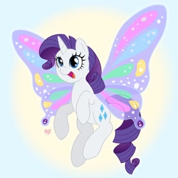 Size: 1784x1784 | Tagged: safe, artist:czscribbles, imported from derpibooru, rarity, pony, unicorn, artificial wings, augmented, female, flying, glimmer wings, gradient background, horn, mare, open mouth, smiling, solo, wings