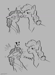 Size: 1139x1554 | Tagged: safe, artist:churrokat, imported from derpibooru, applejack, rarity, earth pony, pony, unicorn, 2 panel comic, bags under eyes, clothes, comic, duo, duo female, emanata, exclamation point, eyebrows, eyebrows visible through hair, female, frown, gray background, hatless, horn, interrobang, lesbian, lidded eyes, long description, looking at someone, mare, missing accessory, motion lines, mouth hold, onomatopoeia, ouch, ponytail, question mark, rarijack, ringlets, robe, shipping, shrunken pupils, signature, simple background, sketch, sleep mask, tied mane, wide eyes