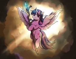 Size: 2076x1600 | Tagged: safe, artist:tkotu434, imported from derpibooru, twilight sparkle, alicorn, pony, my little pony: the movie, cloud, female, flying, gem, hoof hold, light, mare, scene interpretation, sky, solo, spread wings, staff, staff of sacanas, twilight sparkle (alicorn), wings