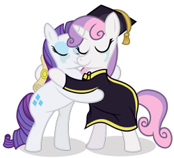 Size: 3300x3000 | Tagged: safe, artist:sweetielover, imported from derpibooru, rarity, sweetie belle, pony, unicorn, atg 2024, clothes, crying, diploma, duo, female, graduation, graduation cap, hat, high res, horn, hug, newbie artist training grounds, simple background, suit, tears of joy, teary eyes, transparent background