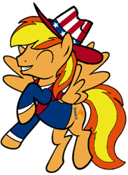 Size: 308x421 | Tagged: safe, imported from derpibooru, oc, oc:firey ratchet, pegasus, 4th of july, american independence day, clothes, detective, eyes closed, hat, holiday, male, simple background, smiling, solo, transparent background