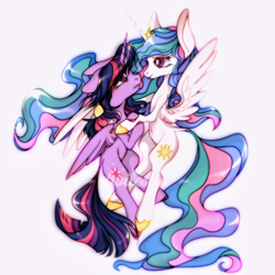 Size: 2048x2048 | Tagged: safe, artist:1111kwiinoooooo48, imported from derpibooru, princess celestia, twilight sparkle, alicorn, pony, female, lesbian, mare, shipping, simple background, twilestia, twilight sparkle (alicorn), white background