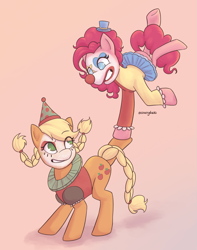 Size: 1617x2048 | Tagged: safe, artist:starryducks, imported from derpibooru, applejack, pinkie pie, earth pony, pony, alternate hairstyle, braid, braided pigtails, braided tail, clown, clown makeup, clown nose, duo, duo female, female, gradient background, grin, handstand, hat, mare, pigtails, red nose, smiling, tail, top hat, upside down