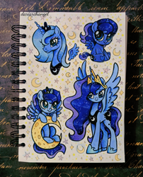 Size: 2337x2887 | Tagged: safe, artist:dariarchangel, imported from derpibooru, princess luna, alicorn, pony, big eyes, blue coat, blue hair, blue mane, blue tail, bust, celestia's crown, cheese moon, chibi, crescent moon, crown, cute, daaaaaaaaaaaw, ethereal hair, ethereal mane, ethereal tail, female, filly, filly luna, hoof shoes, jewelry, large wings, luna is not amused, luna's crown, lunabetes, mare, moon, peytral, photo, portrait, princess shoes, regalia, sitting, sketchbook, smiling, sparkles, spread wings, standing, starry eyes, starry mane, starry tail, stars, tail, tangible heavenly object, traditional art, unamused, wingding eyes, wings, young luna, younger