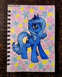 Size: 3072x3816 | Tagged: safe, artist:dariarchangel, imported from derpibooru, princess luna, alicorn, pony, blue coat, blue hair, blue mane, blue tail, cute, female, folded wings, looking up, luna's crown, lunabetes, mare, photo, sketchbook, smiling, standing, stars, tail, traditional art, wings, young luna