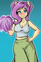 Size: 2000x3000 | Tagged: safe, artist:nolyanimeid, imported from derpibooru, fluttershy, human, equestria girls, 2d, belly, belly button, blushing, breasts, cleavage, clothes, eyeshadow, female, hand on hip, makeup, midriff, not anthro, pom pom, pony ears, short shirt, skirt, sleeveless, tanktop