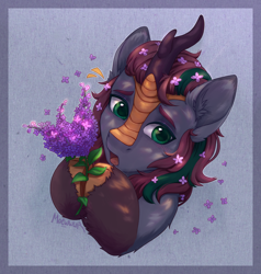 Size: 1900x2000 | Tagged: safe, artist:moewwur, artist:rin-mandarin, imported from derpibooru, oc, oc only, oc:smoke embers, kirin, blushing, bust, commission, flower, flower in hair, fluffy, green eyes, horn, kirin oc, lilac, looking forward, male, passepartout, portrait, shy, simple background, solo