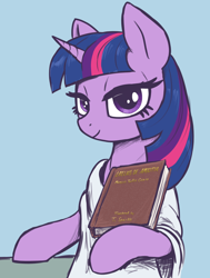 Size: 2000x2650 | Tagged: safe, artist:t72b, imported from derpibooru, twilight sparkle, pony, unicorn, book, bust, cicero, clothes, female, hoof hold, horn, laelius de amicitia, looking at you, mare, portrait, princess of friendship, pun, roman, toga