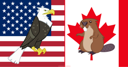 Size: 5724x3015 | Tagged: safe, artist:andoanimalia, imported from derpibooru, bald eagle, beaver, bird, eagle, 4th of july, american flag, canada, canada day, canadian flag, holiday, independence day, united states