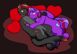 Size: 1490x1053 | Tagged: safe, artist:defilerzero, oc, oc only, pony, choker, cuddling, looking at each other, male, stallion