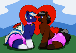 Size: 1490x1053 | Tagged: safe, artist:defilerzero, oc, oc only, pony, diaper, diaper fetish, fetish, flower, looking at each other, male, non-baby in diaper, rose, stallion