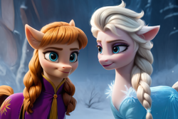 Size: 1920x1280 | Tagged: safe, artist:cunningstuntda, imported from twibooru, earth pony, pony, ai content, ai generated, anna, brown hair, elsa, female, frozen (movie), generator:stable diffusion, image, png, ponified, siblings, sisters, white hair