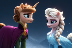 Size: 1920x1280 | Tagged: safe, artist:cunningstuntda, imported from twibooru, earth pony, pony, unicorn, ai content, ai generated, anna, brown mane, disney, elsa, female, frozen (movie), image, png, ponified, siblings, sisters, white mane