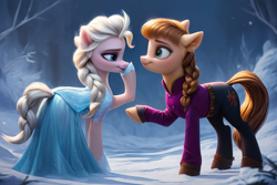 Size: 1920x1280 | Tagged: safe, artist:cunningstuntda, imported from twibooru, earth pony, pony, ai content, ai generated, anna, brown mane, disney, elsa, female, frozen (movie), image, png, ponified, siblings, sisters, white mane