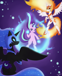 Size: 4900x6000 | Tagged: safe, artist:potzm, imported from derpibooru, daybreaker, nightmare moon, starlight glimmer, alicorn, pony, unicorn, absurd resolution, female, flying, glowing, glowing horn, helmet, hoof shoes, horn, levitation, magic, magic aura, magic bubble, mare, peytral, princess shoes, self-levitation, spread wings, tail, telekinesis, trio, trio female, wings