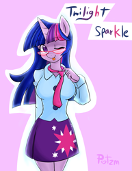 Size: 1327x1722 | Tagged: safe, artist:potzm, imported from derpibooru, twilight sparkle, anthro, unicorn, :p, clothes, cutie mark, cutie mark on clothes, equestria girls outfit, eyebrows, eyebrows visible through hair, female, glasses, horn, lavender background, looking at you, name, necktie, one eye closed, shirt, simple background, skirt, smiling, smiling at you, solo, tongue out, unicorn twilight, wink, winking at you