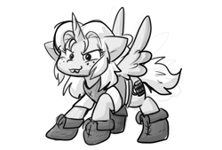 Size: 1291x874 | Tagged: safe, artist:zutcha, imported from derpibooru, alicorn, pony, bucktooth, disenchantment, female, freckles, grayscale, grin, mare, monochrome, ponified, princess bean, simple background, smiling, solo, spread wings, white background, wings