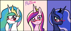 Size: 1800x800 | Tagged: safe, artist:potzm, imported from derpibooru, princess cadance, princess celestia, princess luna, alicorn, pony, alicorn triarchy, blushing, bust, crown, female, glasses, heart, heart eyes, horn, jewelry, looking at you, mare, portrait, raised hoof, regalia, royal sisters, siblings, simple background, sisters, smiling, smiling at you, trio, trio female, wingding eyes