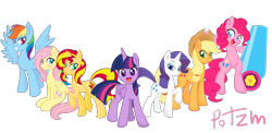 Size: 4100x2000 | Tagged: safe, artist:potzm, imported from derpibooru, applejack, fluttershy, pinkie pie, rainbow dash, rarity, sunset shimmer, twilight sparkle, alicorn, earth pony, pegasus, pony, unicorn, alternate mane seven, applejack's hat, bedroom eyes, bipedal, cowboy hat, duckface, eyebrows, eyeshadow, female, folded wings, freckles, grin, hat, high res, horn, looking at you, looking back, makeup, mane six, mare, open mouth, open smile, party cannon, raised hoof, septet, simple background, sitting, smiling, smiling at you, spread wings, tail, transparent background, twilight sparkle (alicorn), wings