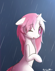 Size: 3500x4500 | Tagged: safe, artist:potzm, imported from derpibooru, oc, oc only, oc:lawyresearch, pony, unicorn, eyebrows, eyebrows visible through hair, female, floppy ears, high res, horn, looking at you, mare, one eye closed, open mouth, rain, solo, unicorn oc, wet, wet mane, wink, winking at you