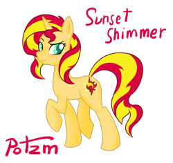 Size: 1300x1229 | Tagged: safe, artist:potzm, imported from derpibooru, sunset shimmer, pony, unicorn, female, horn, looking back, mare, name, raised hoof, simple background, smiling, solo, tail, transparent background