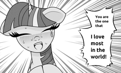 Size: 1080x655 | Tagged: safe, artist:scandianon, imported from derpibooru, twilight sparkle, pony, unicorn, black and white, blushing, bust, dialogue, eyes closed, female, floppy ears, grayscale, horn, mare, monochrome, open mouth, solo, speed lines, sweat, teary eyes, unicorn twilight