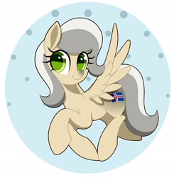 Size: 2279x2321 | Tagged: safe, artist:scandianon, imported from derpibooru, oc, oc only, oc:iceland horse, pegasus, pony, facial markings, female, flying, looking at you, mare, nation ponies, ponified, pose, smiling, solo, spread wings, wings