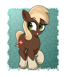 Size: 1720x2000 | Tagged: safe, artist:scandianon, imported from derpibooru, oc, oc only, oc:jutlandmare, earth pony, pony, coat markings, cocked eyebrow, female, mare, nation ponies, ponified, raised hoof, smiling, socks (coat markings), solo, unshorn fetlocks