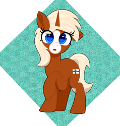 Size: 2000x2100 | Tagged: safe, artist:scandianon, imported from derpibooru, oc, oc only, oc:finnmare, pony, unicorn, facial markings, female, floppy ears, horn, looking at you, mare, nation ponies, open mouth, ponified, raised hoof, solo