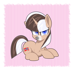 Size: 2000x1900 | Tagged: safe, artist:scandianon, imported from derpibooru, oc, oc only, oc:norsk fjord, pony, unicorn, facial markings, female, hair over eyes, horn, looking at you, lying down, mare, nation ponies, ponified, smiling, solo