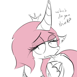 Size: 900x900 | Tagged: dead source, safe, artist:apinklife, artist:pinkgagy, imported from twibooru, oc, oc only, oc:gagy, alicorn, pony, :p, alicorn oc, bedroom eyes, blushing, bust, crown, curved horn, dialogue, ear piercing, earring, eyelashes, eyeshadow, female, floppy ears, horn, image, jewelry, looking at you, makeup, mare, piercing, png, raised eyebrow, regalia, simple background, smiling, solo, tongue out, white background, wings