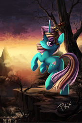 Size: 2150x3200 | Tagged: safe, artist:ponykillerx, imported from twibooru, dewdrop dazzle, pony, unicorn, banned from derpibooru, big crown thingy, butt, cliff, dawn, element of magic, image, jewelry, looking at you, looking back, looking back at you, mist, mountain, plot, png, rearing, regalia, river, scenery, solo, stars, tail, tree, waterfall