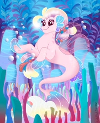 Size: 1440x1774 | Tagged: safe, artist:bella-pink-savage, imported from derpibooru, seapony (g4), bioluminescent, bubble, clothes, crepuscular rays, cute, destiny (g5), digital art, dorsal fin, female, fin, fin wings, fins, fish tail, floppy ears, flowing mane, flowing tail, g5, glowing, happy, jade sea, lidded eyes, mermay, my little pony: tell your tale, ocean, scales, seaweed, see-through, signature, smiling, solo, sparkles, swimming, tail, underwater, vine, water, wings