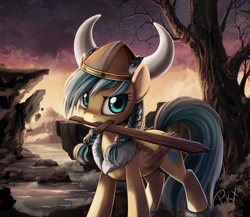 Size: 1500x1299 | Tagged: safe, artist:ponykillerx, imported from twibooru, sunshower raindrops, pegasus, pony, banned from derpibooru, cliff, helmet, horned helmet, image, mouth hold, ocean, png, scenery, solo, sword, tree, viking, weapon, wooden sword