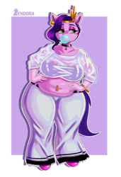 Size: 5324x7804 | Tagged: safe, artist:zendora, imported from derpibooru, pipp petals, anthro, pegasus, adipipp, bbw, belly button, belly piercing, bracelet, bubblegum, chubby, clothes, ear piercing, fat, female, food, g5, gum, hand on hip, headband, jewelry, pants, piercing, pipp is chubby, pipp is short, see-through, see-through shirt, shirt, shortstack, the ass was fat, thicc thighs, thick, wide hips