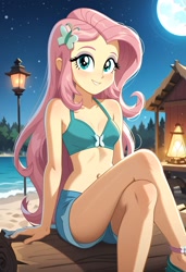 Size: 1664x2432 | Tagged: safe, imported from derpibooru, fluttershy, equestria girls, ai content, ai generated, beach, belly, belly button, bikini, bikini top, breasts, clothes, female, flip-flops, generator:pony diffusion v6 xl, generator:stable diffusion, looking at you, moon, night, petite, prompter:tophatskyman, sandals, shorts, sitting, small breasts, smiling, smiling at you, solo, solo female, swimsuit