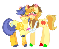 Size: 2500x2048 | Tagged: safe, artist:femurthechangeling, imported from derpibooru, braeburn, comet tail, earth pony, pony, unicorn, alternate design, bandage, bandaged leg, blushing, blushing profusely, braeburn's hat, broken leg, colored hooves, cometburn, duo, duo male, g5 horn, gay, hat, hoof hold, hooves, horn, male, multicolored hooves, nuzzling, raised hoof, rarepair, redesign, shipping, simple background, transparent background