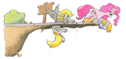 Size: 2132x997 | Tagged: safe, artist:lost marbles, imported from derpibooru, derpy hooves, dinky hooves, pinkie pie, earth pony, pegasus, pony, unicorn, bush, dirt, horn, newbie artist training grounds, reference, root, sign, simple background, traditional art, watercolor painting, where the sidewalk ends, white background