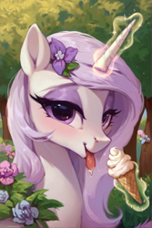 Size: 1272x1904 | Tagged: safe, imported from derpibooru, fleur-de-lis, pony, 30 minute art challenge, ai content, ai generated, blushing, bust, cute, date, female, fleurbetes, flower, flower in hair, food, generator:stable diffusion, ice cream, ice cream cone, levitation, licking, lidded eyes, looking at you, magic, magic aura, park, portrait, prompter:button fixer, seductive, shy, solo, solo female, summer, telekinesis, tongue out