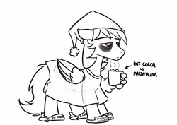 Size: 4092x2893 | Tagged: safe, artist:timsplosion, imported from derpibooru, oc, oc only, oc:graphite sketch, oc:graphite sketch (timsplosion), pegasus, pony, bags under eyes, chocolate, clothes, coffee mug, food, grayscale, hat, hot chocolate, male, marshmallow, monochrome, mug, nightcap, pajamas, simple background, sketch, slippers, solo, stallion, themed slippers, tired, white background, wing hold, wings