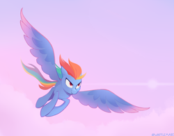 Size: 1354x1064 | Tagged: safe, artist:waffletheheadmare, imported from derpibooru, rainbow dash, pegasus, pony, cloud, feather, flying, multicolored hair, multicolored mane, sky, smiling, solo, sun, sunset, wings