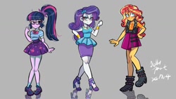 Size: 1280x720 | Tagged: safe, artist:jully-park, imported from derpibooru, rarity, sci-twi, sunset shimmer, twilight sparkle, equestria girls, female, gray background, reflection, simple background, trio, trio female