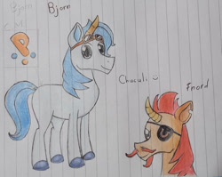 Size: 828x659 | Tagged: safe, artist:chuculi, imported from derpibooru, unicorn, crossover, duo, duo male, facial hair, goggles, horn, male, not hoo'far, not shining armor, peggle, peggle blast, stallion, traditional art