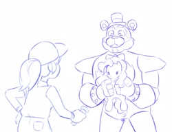 Size: 2807x2160 | Tagged: safe, artist:atti_qu, imported from derpibooru, pinkie pie, human, pony, crossover, five nights at freddy's, freddy fazbear, holding, plushie, sketch, vanessa (five nights at freddy's)