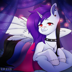 Size: 2000x2000 | Tagged: safe, alternate version, artist:erein, imported from derpibooru, oc, oc only, oc:jasmina, alicorn, pony, alicorn oc, alternate character, bedroom, bisexual, bisexual female, bisexual pride flag, choker, commission, ear piercing, earring, ears up, female, flag, garland, high res, horn, indoors, jewelry, lgbt, looking at you, multicolored hair, necklace, night, piercing, pillow, pride, pride flag, pride month, red eyes, ring, room, scar, smiling, smiling at you, solo, spread wings, string lights, tail, unshorn fetlocks, white fur, wings, ych result