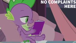 Size: 1920x1080 | Tagged: safe, edit, edited screencap, editor:quoterific, imported from derpibooru, screencap, spike, dragon, season 9, the summer sun setback, spoiler:s09, comic book, male, pillow, reading, solo, winged spike, wings