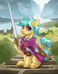 Size: 2482x3155 | Tagged: safe, artist:helmie-art, imported from derpibooru, oc, oc only, oc:karoline skies, earth pony, pony, clothes, ear fluff, earth pony oc, female, looking at you, mare, scenery, sitting, smiling, smiling at you, solo, sword, weapon