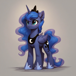 Size: 2048x2048 | Tagged: safe, imported from derpibooru, princess luna, alicorn, pony, ai content, ai generated, crown, cute, ear fluff, folded wings, generator:autismmix pony, generator:stable diffusion, horn, jewelry, lunabetes, prompter:liladash, regalia, simple background, solo, standing, wings